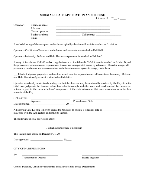First page of the Sidewalk Cafe Application and License