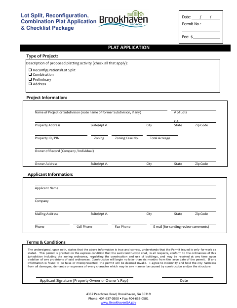 First page of the Lot Split, Reconfiguration, Combination Plat Application & Checklist Package