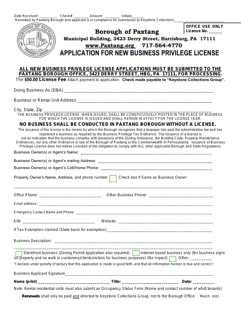 First page of the Application for New Business Privilege License