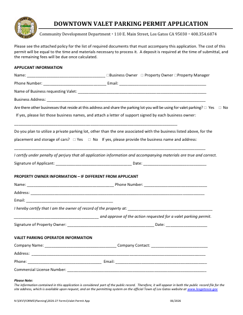 First page of the Downtown Valet Parking Permit Application