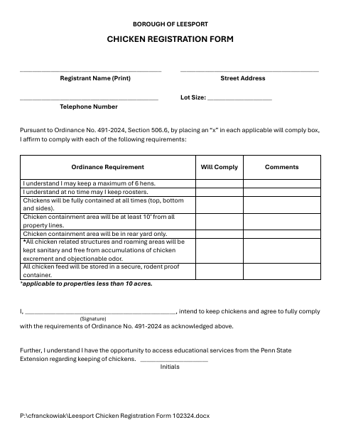 First page of the Chicken Registration Form