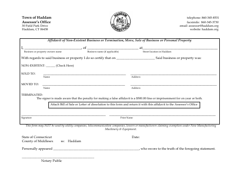 First page of the Personal Property Affidavit of Business Closed