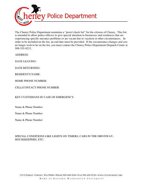 First page of the Prowl Check Form