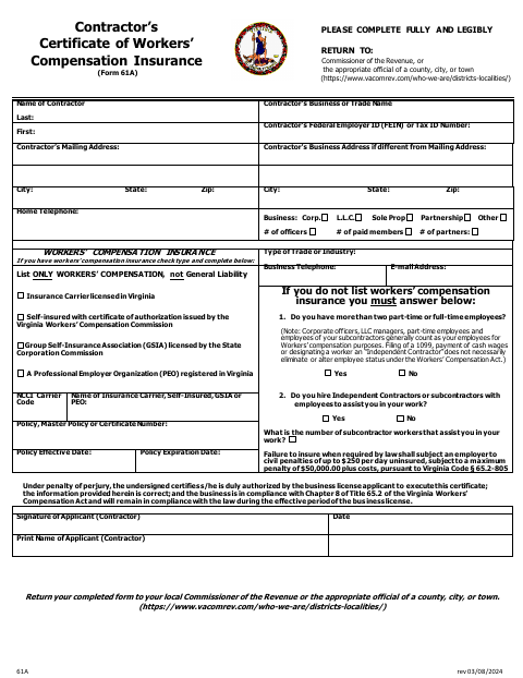 First page of the Contractor’s Certificate of Workers’ Compensation Insurance (Form 61A)