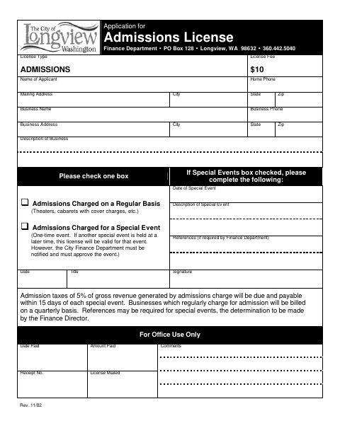 First page of the Application for Admissions License