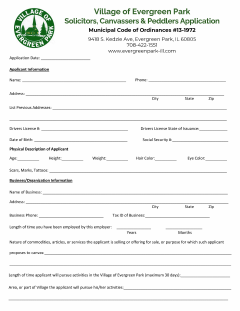 First page of the Solicitors, Canvassers & Peddlers Application