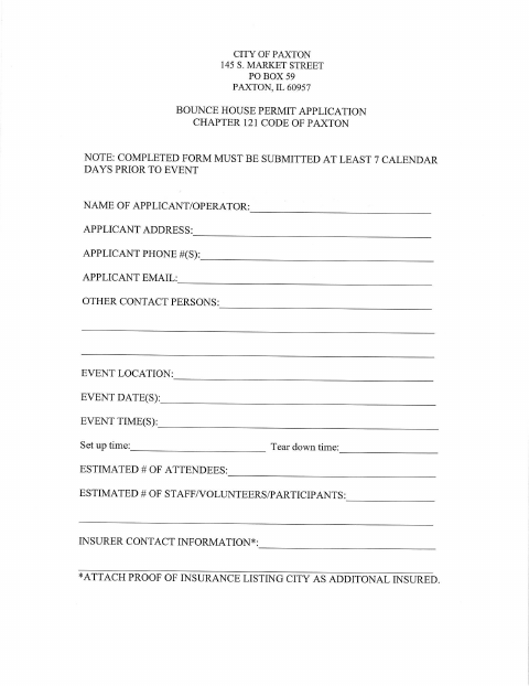 First page of the Bounce House Permit Application