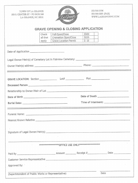 First page of the Grave Opening and Closing Application
