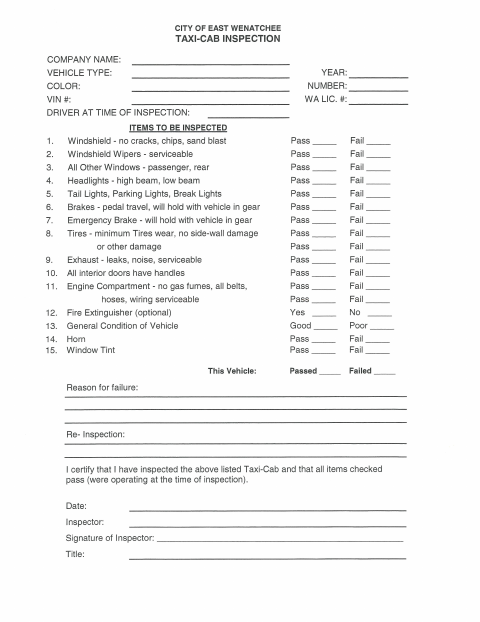 First page of the Taxicab Inspection Sheet