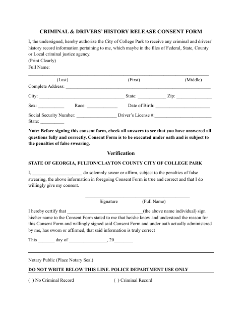 First page of the Criminal and Drivers’ History Release Consent Form