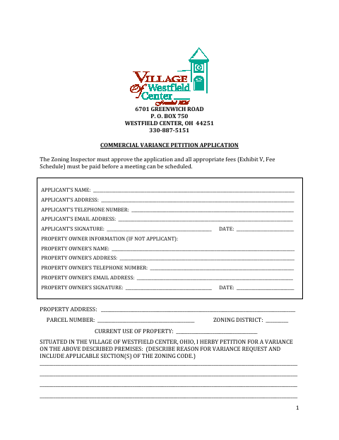 First page of the Commercial Variance Petition Application