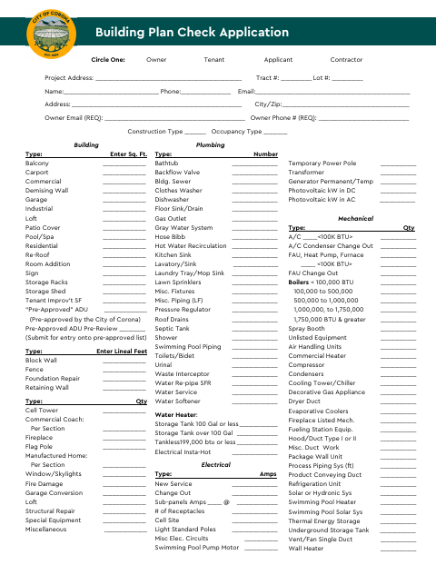 First page of the Building Plan Check Application