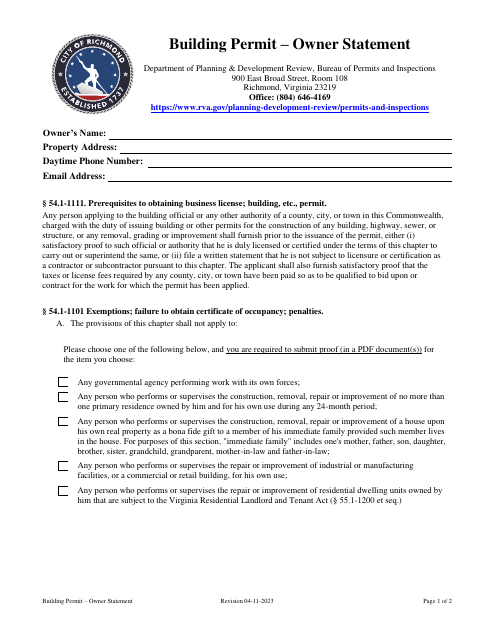 First page of the Building Permit – Owner Statement