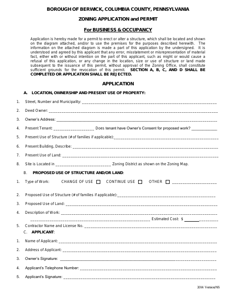 First page of the Zoning Application and Permit for Business and Occupancy