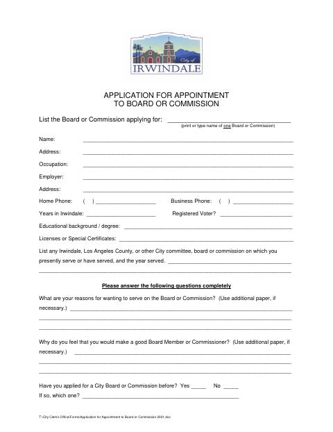 First page of the Application for Appointment to Board or Commission