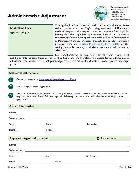 First page of the Administrative Adjustment Application