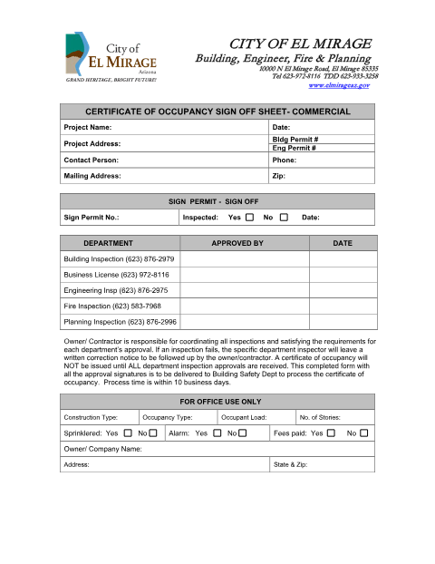 First page of the Certificate of Occupancy Sign-Off Sheet – Commercial