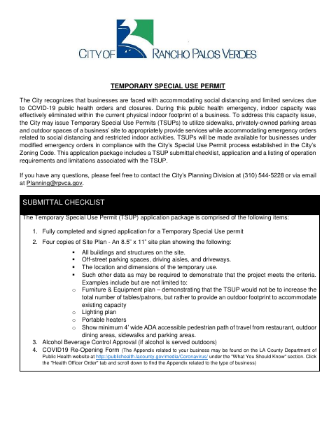 First page of the Temporary Special Use Permit