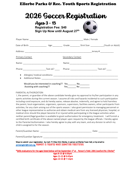 First page of the Youth Sports Registration 2026 Soccer Registration