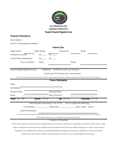 First page of the Vacant Property Registry Form