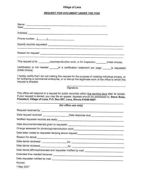 First page of the FOIA Records Request
