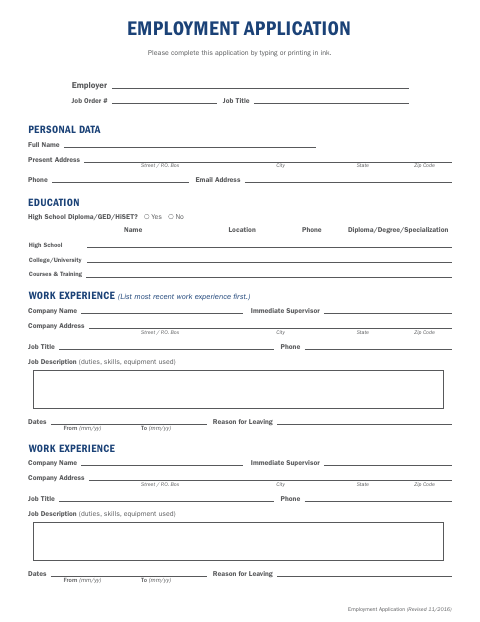 First page of the Employment Application