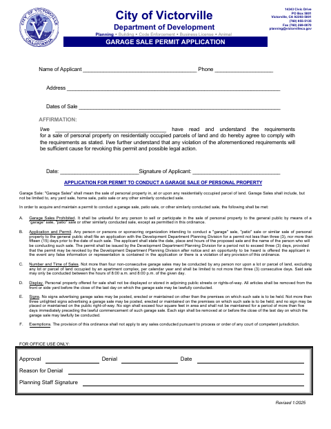 First page of the Garage Sale Permit Application