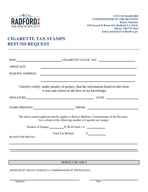 First page of the Cigarette Tax Stamps Refund Request