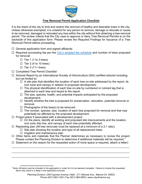 First page of the Tree Removal Permit Application Checklist