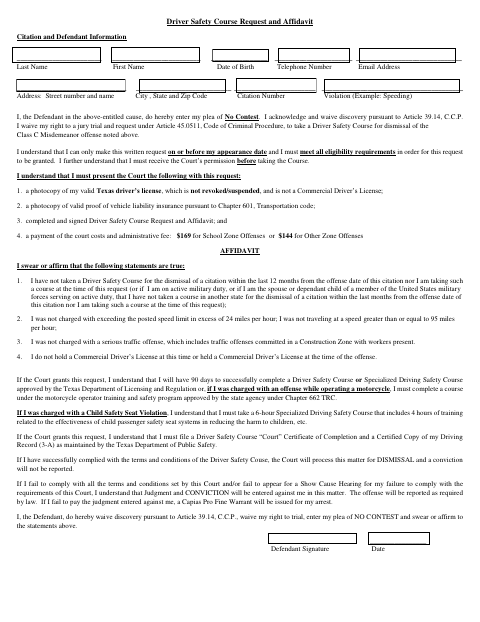 First page of the Driver Safety Course Request and Affidavit