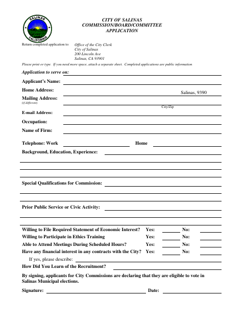 First page of the Commission/Board/Committee Application