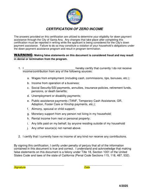 First page of the Certification of Zero Income