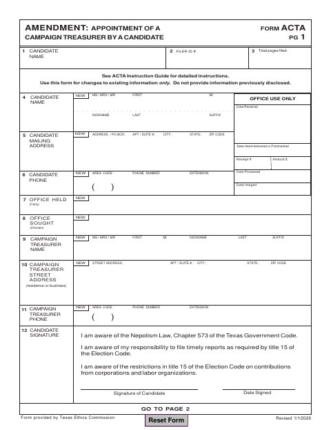 First page of the Amendment: Appointment of a Campaign Treasurer by a Candidate