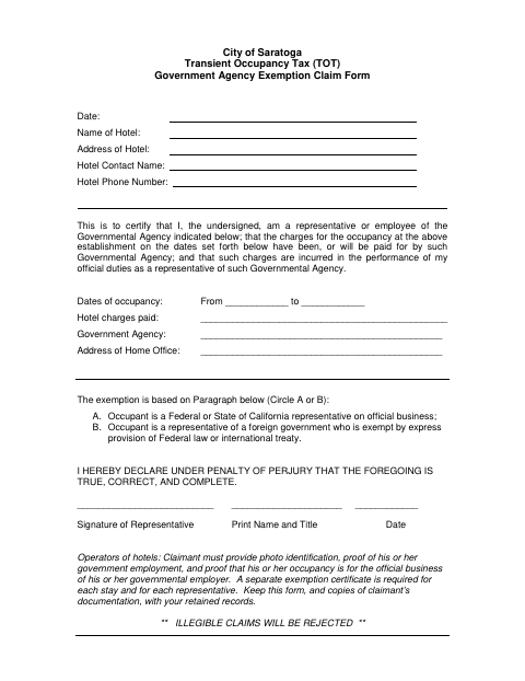 First page of the Government Agency Exemption Claim Form