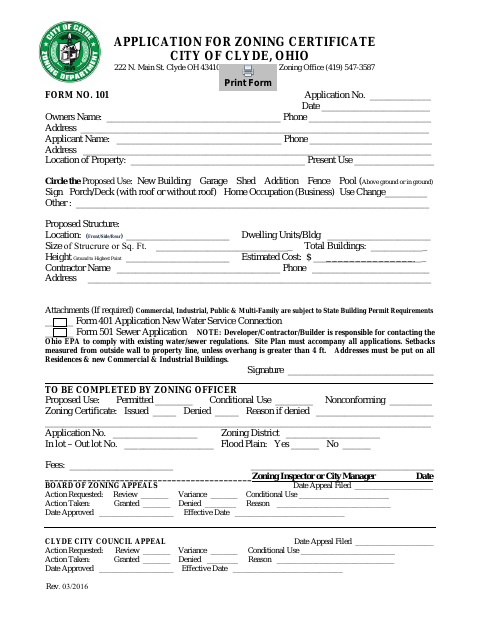 First page of the Application for Zoning Certificate