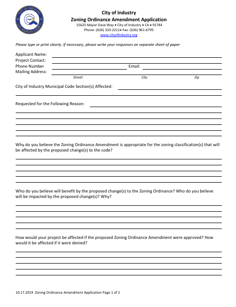 First page of the Zoning Ordinance Amendment Application