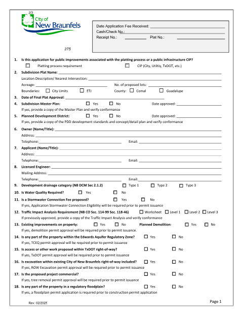 First page of the Public Infrastructure Permit Application