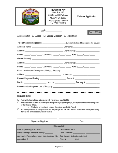 First page of the Variance Application