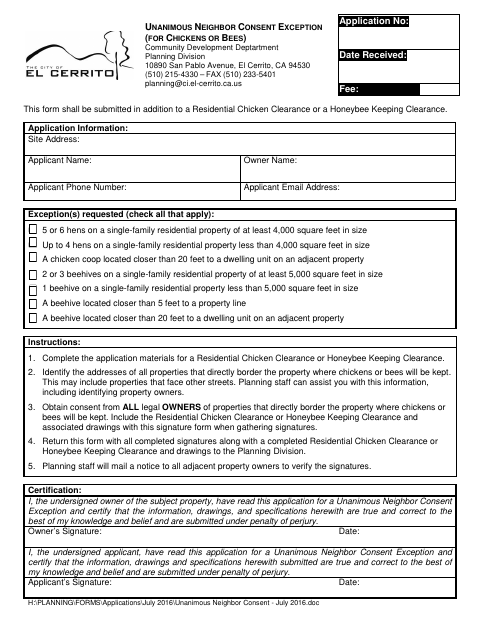 First page of the Unanimous Neighbor Consent Exception