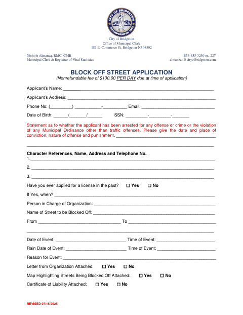First page of the Block Off Street Application
