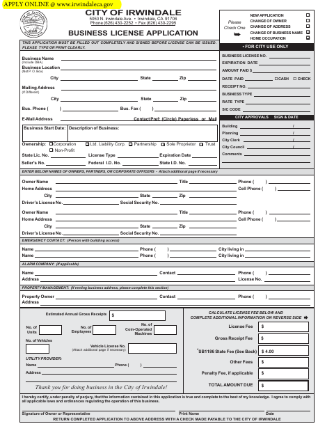 First page of the Business License Application