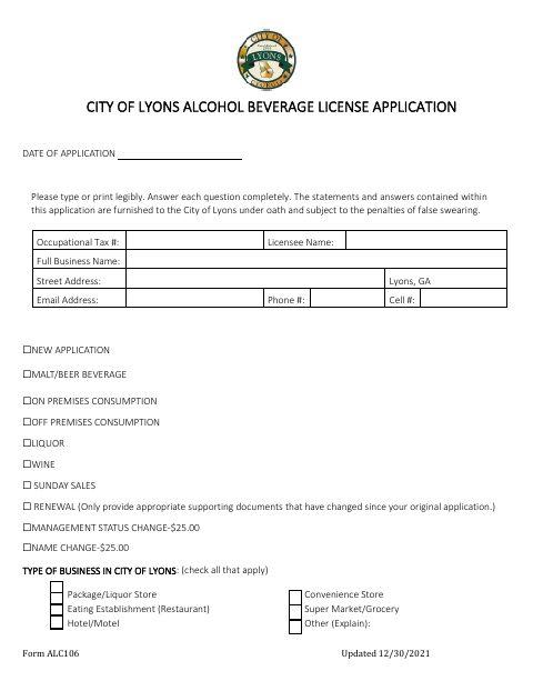 First page of the Alcohol Beverage License Application
