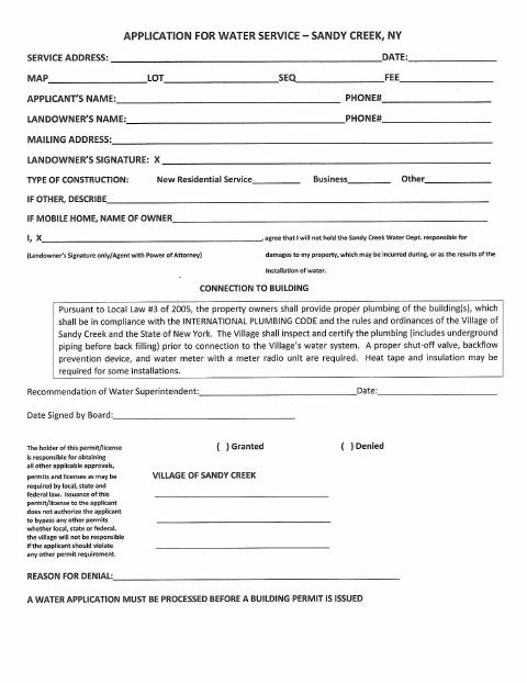 First page of the Water Service Application