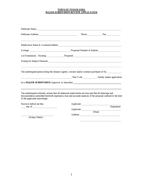 First page of the Major Subdivision Review Application