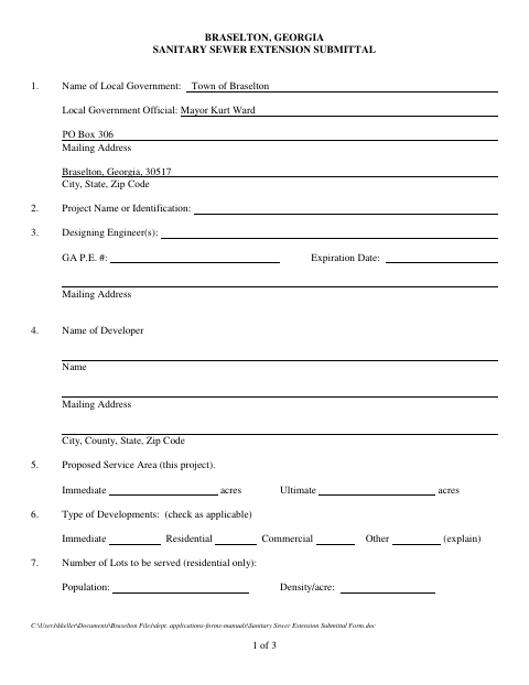 First page of the Sanitary Sewer Extension Submittal