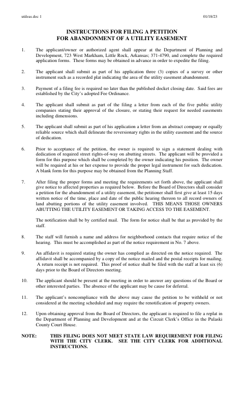 First page of the Petition For Abandonment Of A Utility Easement