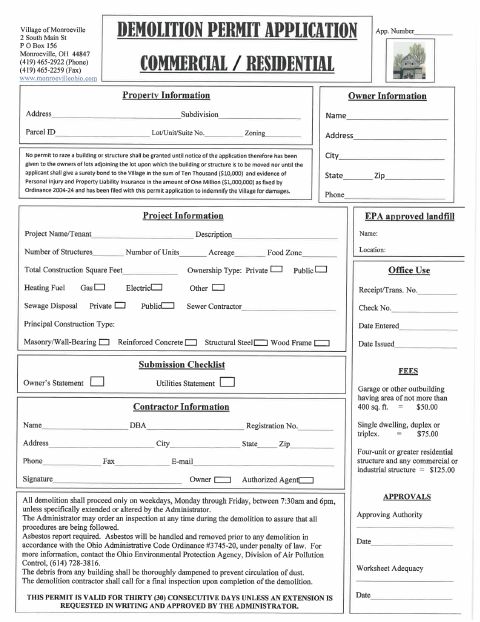 First page of the Demolition Permit Application