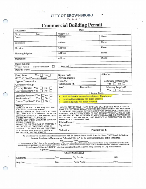 First page of the Commercial Building Permit