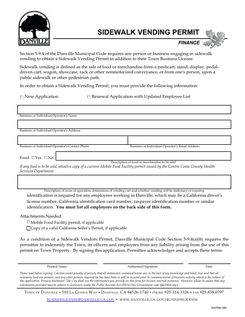 First page of the Sidewalk Vending Permit Application