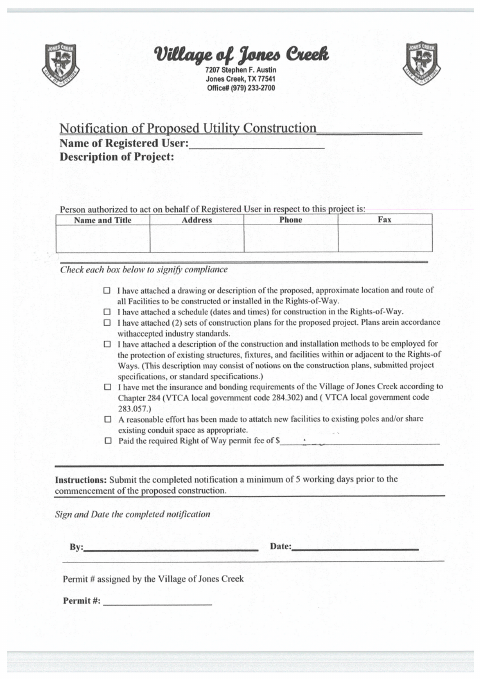 First page of the Notification of Proposed Utility Construction